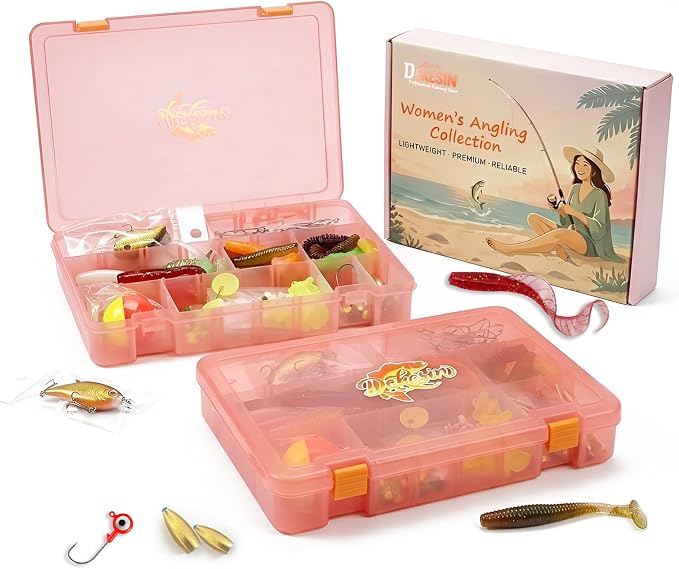 Women's Fishing Tackle Kit - 132pc Pink Tackle Box Set | Sturdy portable box with premium lures, solid copper weights, and zero cheap fillers. Perfect for beginners & female anglers