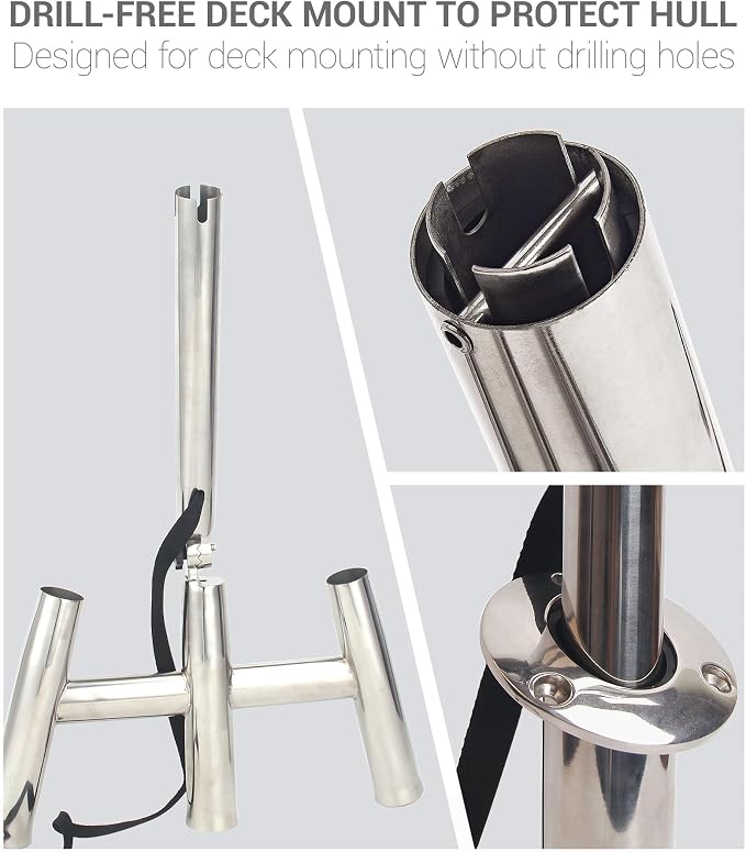 3 Tube Rod Holder-Stainless Steel Trident Outrigger Stylish-Tree Triple Rod Holder Adjustable Silver Kite Fishing Mount 3-Rod Racks for Boat, Ship, Yacht