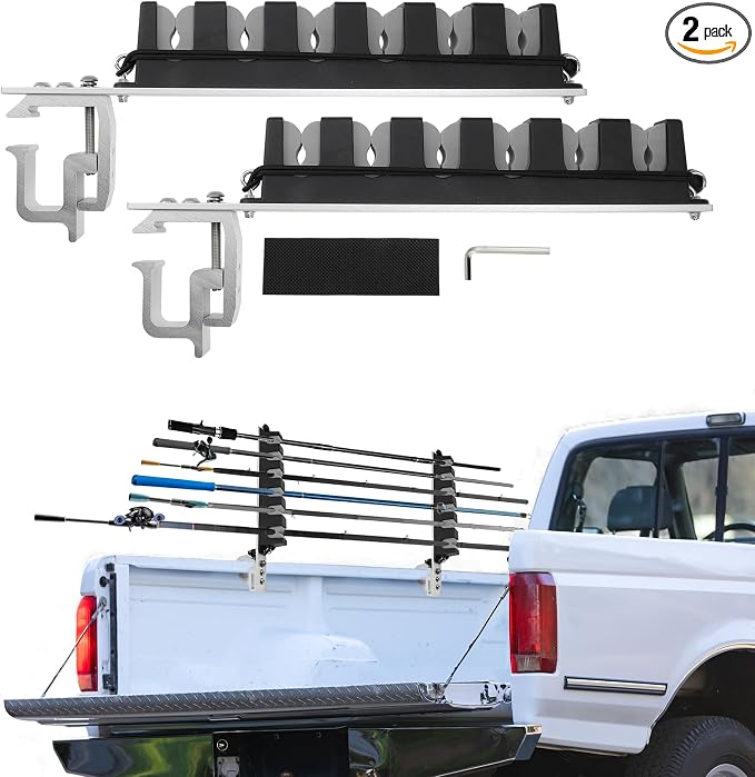 2x Aluminum Fishing Rod Holder for Truck Bed, 6 Rods Capacity, Stable C-Clamp Mount, Fishing Pole Storage Rack Holder for Truck Pickup Boat, Horizontally or Vertically Place