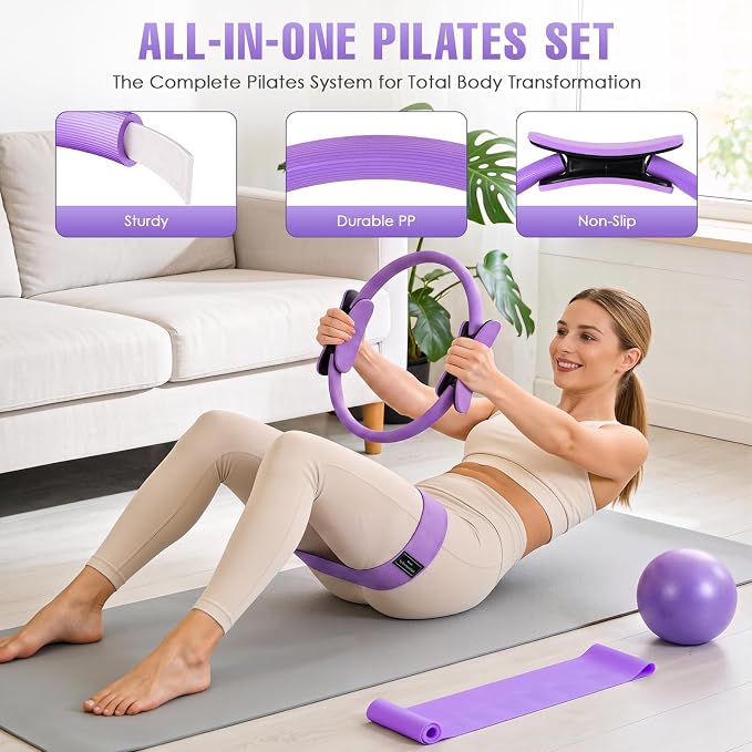 Pilates Kit, Pilates Equipment for Home Workouts, Home Pilates Essentials Kit for Women with Pilates Ring and Ball Set, Socks, Ankle Resistance Bands with Cuffs, Resistance Band and Massage Ball