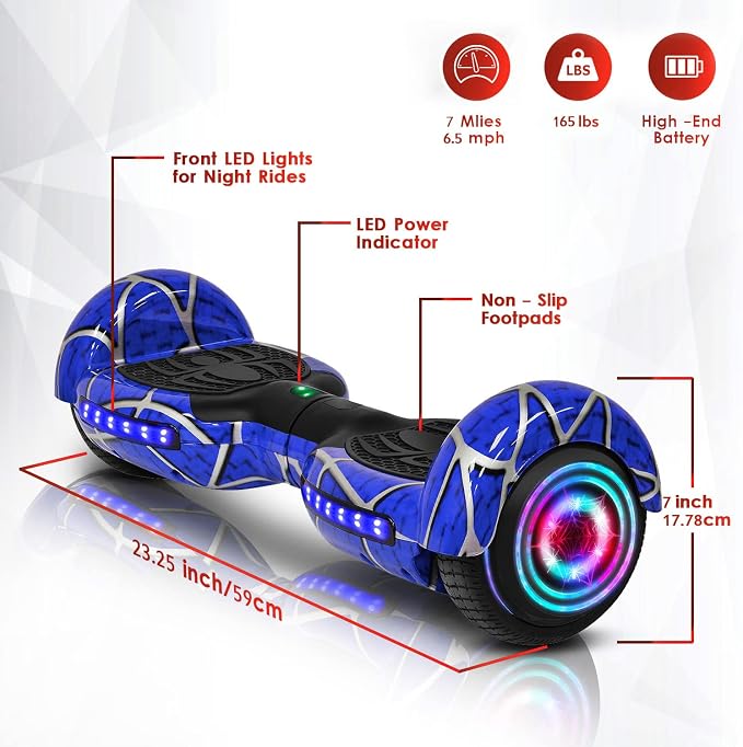 Spider-Pattern Hover Board for Kids Ages 6-12, with Bluetooth Speaker and LED Lights 6.5" Hover Board, UL2272 Safety Certified (Blue)