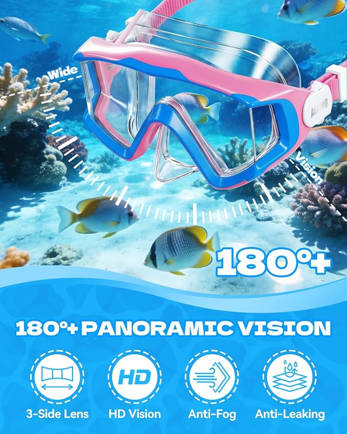 Aegend Snorkeling Gear for Kids Youth – 4-in-1 Snorkel Set with Anti-Fog Mask, Dry Snorkel & Adjustable Fins for Swimming, Diving, Snorkeling, Beach Vacation – Includes Travel Mesh Bag