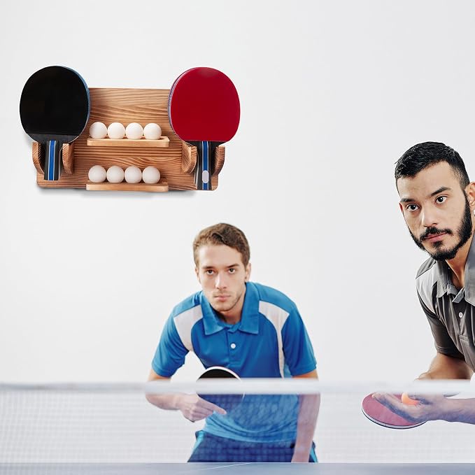Ping Pong Paddle Storage Rack, Ping Pong Accessories Organizer Wall-Mount for 6 Paddles, 6 Pickleball Paddles and Balls, Pine Wood Table Tennis Racket Display for Game Room Bar Office Home