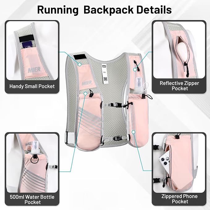 MIER Running Vest for Women Men, Lightweight Breathable Hydration Vest with 500ml Soft Flask Reflective Hydration Backpack for Marathon Cycling Hiking Jogging