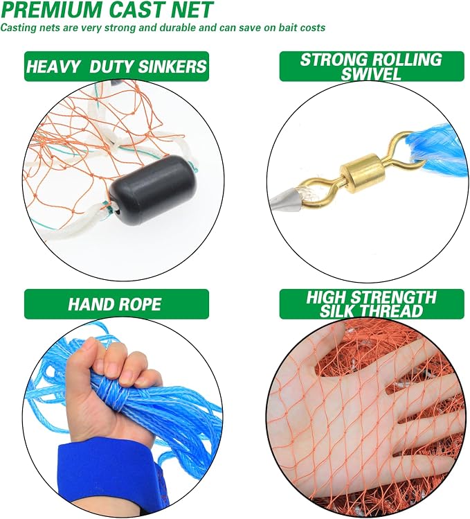 Saltwater Fishing Cast Net Eco-Friendly Rubber Sinker 1/2 Inches Mesh for Bait Shrimp Trap Fish Size 4FT/5FT/6FT/7FT/8FT/9FT/10FT/11FT/12FT Radius