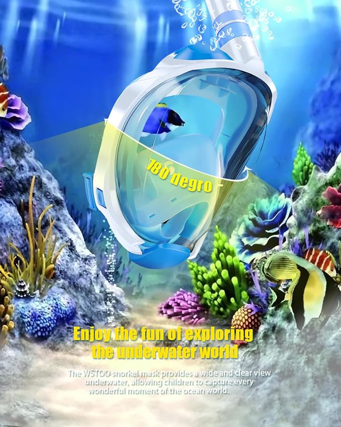 WSTOO Kids Full Face Snorkel Masks,Suitable for Beginners Dry Top Snorkeling Gear,Can Your Mouth or Nose to Breathe,180 Degrees Panoramic View,Anti-Fog Anti-Leak,Summer Travel and Vacationing Gifts