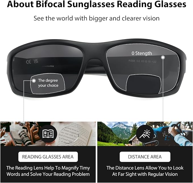 POLARKING Bifocal Reading Sunglasses for Men and Women,Wrap Around Sport Fishing Reader Sun Glasses UV Protection Eyewear