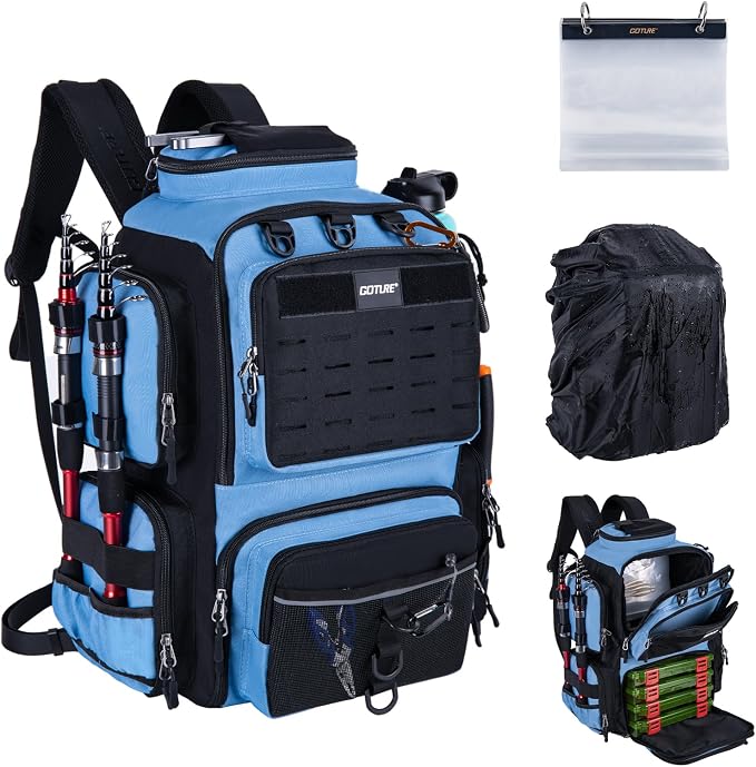 Goture Fishing Backpack,900D Water-Resistant Tackle Backpack with Rod Holders, SBS Zippers,45L Large Fishing Bag Storage Gear Tackle Bag with Rain Cover, Bottle Holder for Travel Camping Hiking