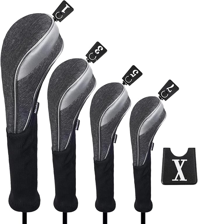 Andux 4pcs/Set Nylon Golf Wood Club Head Covers with Long Neck | for 460cc Driver Fairway Wood Club Silver Piping Pull-On Closure