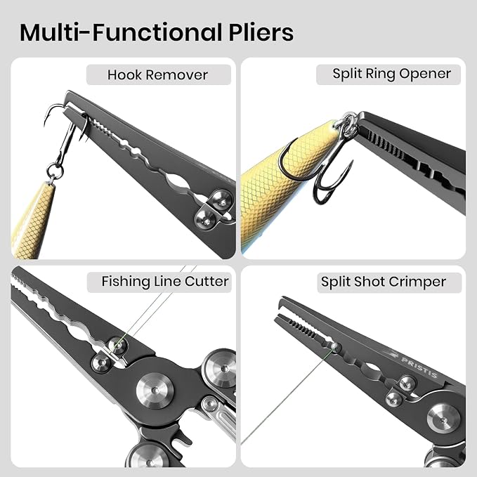 Pristis Foldable Fishing Pliers with Multitools, Saltwater Resistant Titanium Coated Stainless Steel, Portable Full-Sized Forceps with Tungsten Line Cutter, Ring Splitter, Hook Remover and Multi Tool