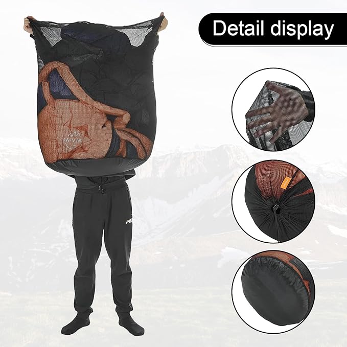 2Pcs 100L Mesh Sleeping Bag Storage Sack Stuff Sack Mesh Laundry Bag Drawstring Bag，Tear-Resistant Polyester Mesh,300D Oxford Bottom,Anti-Dirt and Water-Resistant.