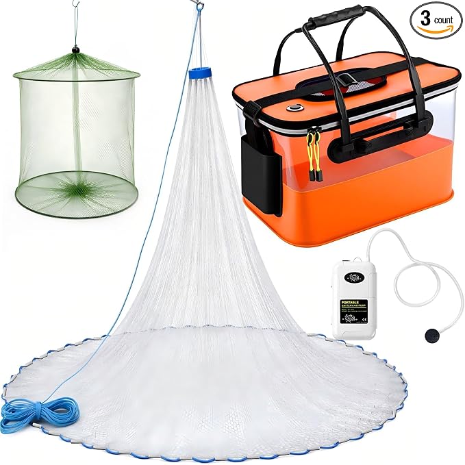 3 Pcs Fishing Bucket, Live Bait Aerator and Fishing Cast Net with Heavy Duty Sinker Foldable Live Bait Bucket Portable Quiet Aerator Fish Transport Container Outdoor EVA Bag