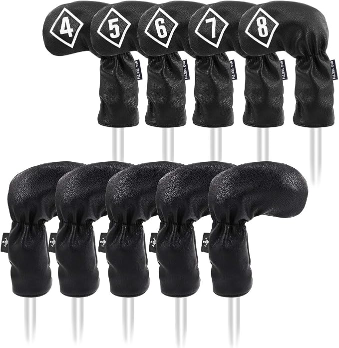 BIG TEETH Golf Iron Head Covers 10Pcs Set Long Neck Golf Club Protector Leather with Number Tag fit for Taylormade All Brands