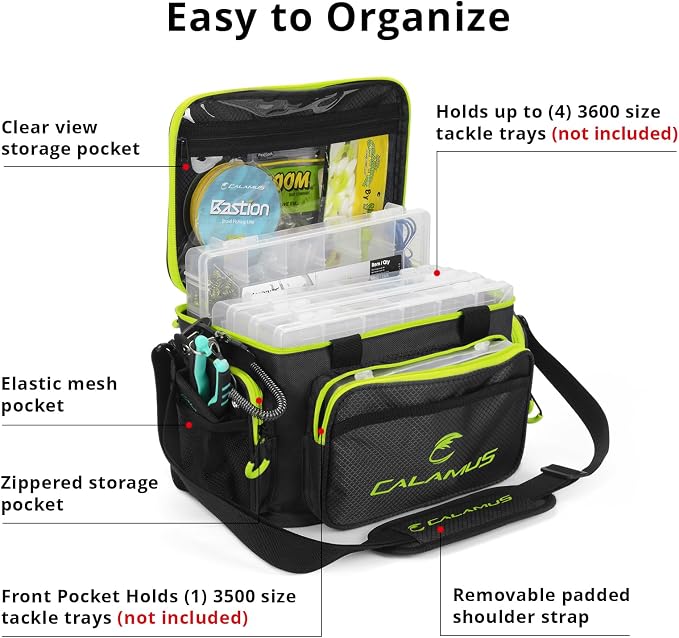 Calamus TB61 Fishing Tackle Bag，Green | Saltwater & Freshwater Fishing Bags, Rip-Stop PE, Padded Shoulder Strap, Pliers Storage, Easy to Organize, Functional Design