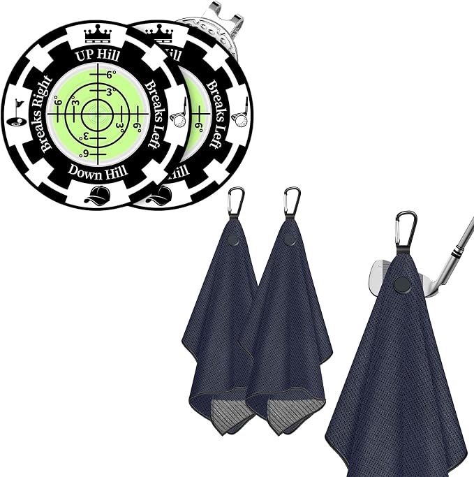 2 Pack Mangetic Golft Towels with Clip & 2 Pack Golf Green Reader Golf Ball Marker Hat Clip