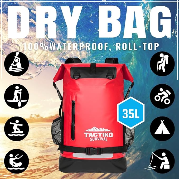 TACTIKO 35L Heavy-Duty 100% Waterproof Backpack, Roll Top Dry Bags for Kayaking, Hiking, Camping, Survival