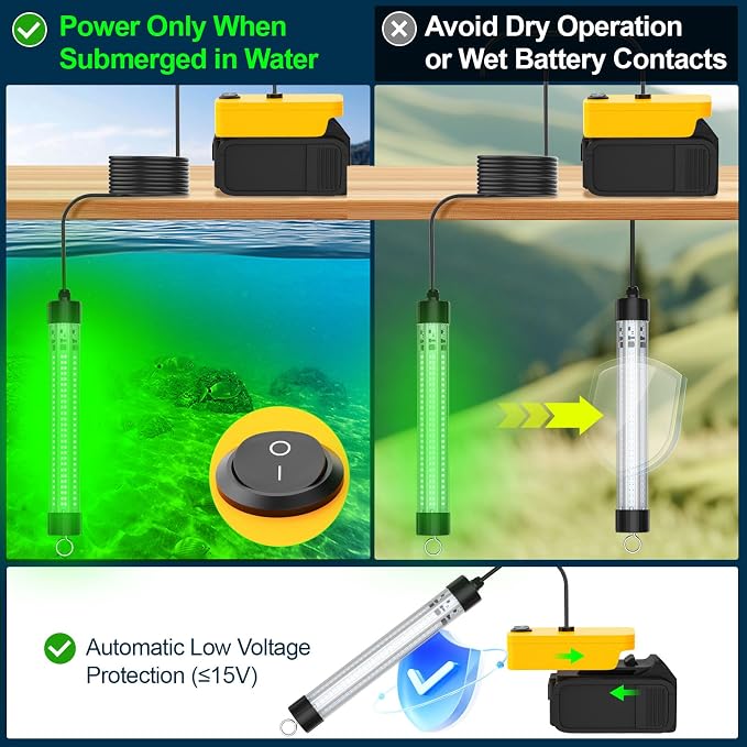 LED Underwater Fishing Light Compatible with for DeWalt 20V Battery（Battery Not Included）, 6000 Lumens, IP68 Waterproof Submersible Green Fish Attractor Light for Night/Ice/Boat Fishing