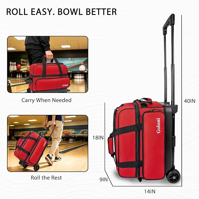 Goloni Double Roller 2 Ball Bowling Bag with Separate Shoe Compartment,2 Ball Bowling Bag with Wheels,Retractable Handle Extends to 40"