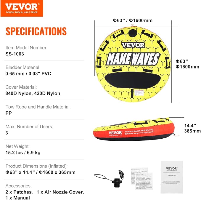 VEVOR Towable Tubes for Boating, 1-4 Riders Inflatable Boat Tubes & Towables, 340-680 lbs Capacity, Multiple Sizes with Full Nylon Cover, Padded/EVA Handles, Fins & Safety Valve (Multi-Option)
