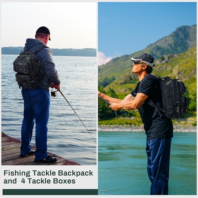 Fishing Tackle Backpack with Rod Holders and 4 Tackle Boxes Large Storage Fishing Bags Water Resistant Tackle Bag for Camping Hiking Travel Gear and Equipment(Camouflage,Shoulder Bag)