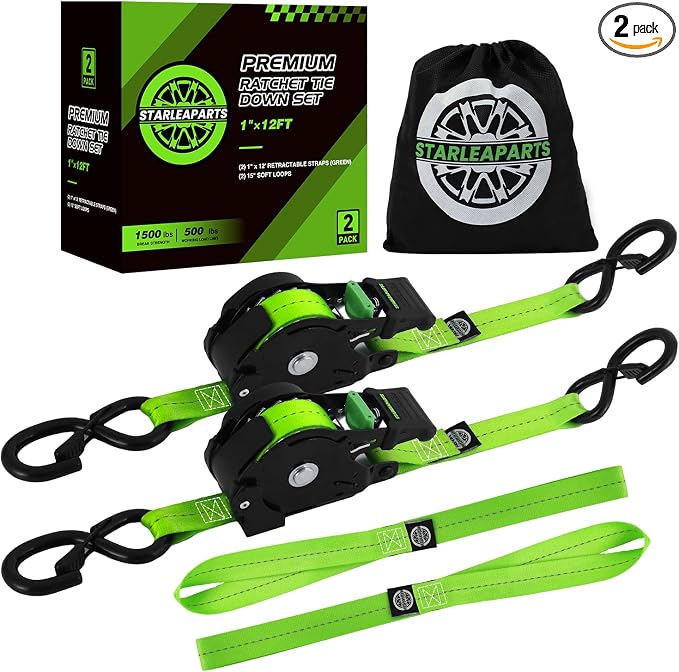 STARLEAPARTS Retractable Ratchet Straps(2PK 1.0INX12FT) - 1,500lb Break Strength, Ratchet Strap Heavy Duty with Rubber Coated Handle, Perfect Auto Ratchet Straps for Motorcycle, Kayak and Trucks