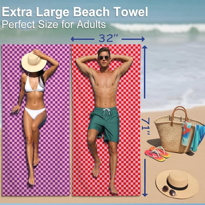 2 Pcs Microfiber Beach Towel, Sand Free Quick Dry Oversized Retro Red Pink Checkerboard, Lightweight Travel Pool Yoga Camping Accessories for Adults, 71 x 32 Inches