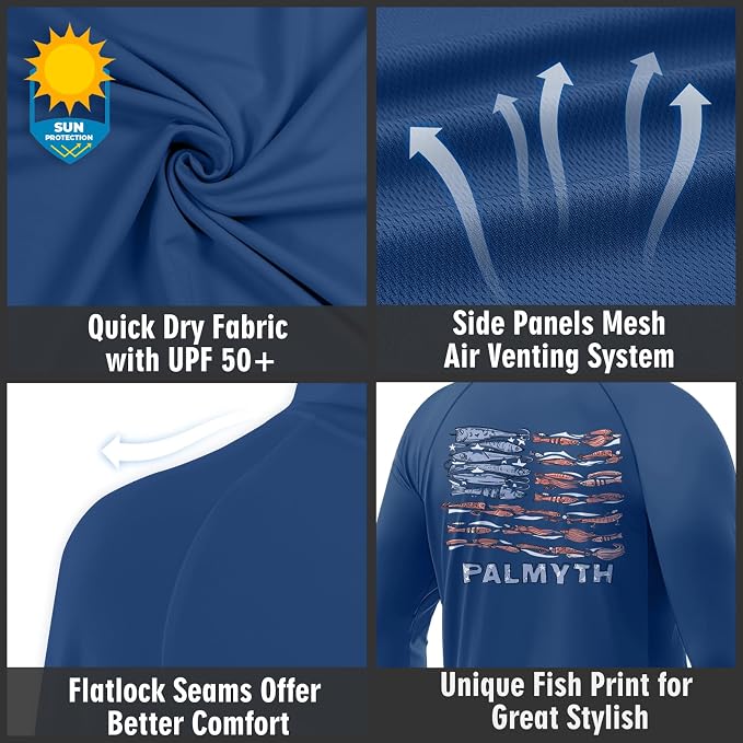 Palmyth Fishing Hoodie for Men Long Sleeve Sun Protection UV UPF 50+ Shirts | Hidden Zipper Pocket, Thumb Loops, Quick-Dry, Side Mesh Panels, Lens Cleaning Cloth, 4-Way Stretch