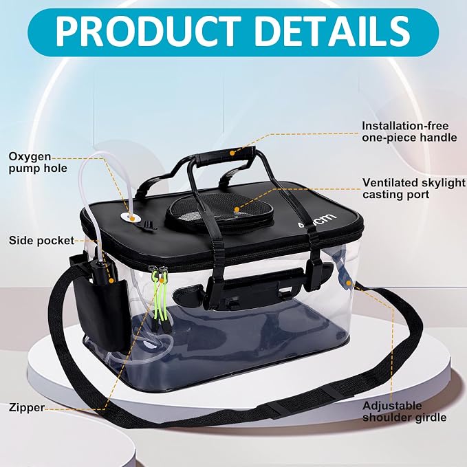 AceOrbit Foldable Transparent Fishing Bucket with Aerator Live Bait Bucket and Dual Outlet Air Pump, Heavy Duty EVA Collapsible Fish Basket for Kayak, Ice Fishing, Camping & Travel