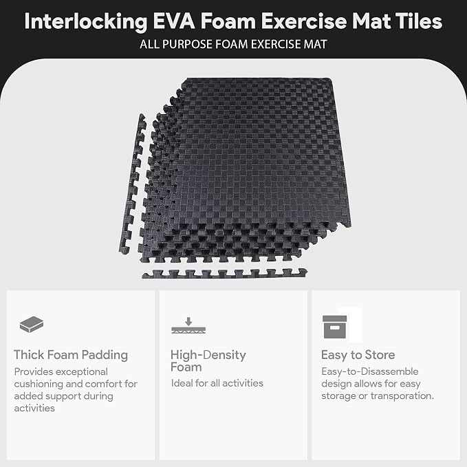 BalanceFrom 6 Piece Foam Floor Mat Puzzle Tiles, 3/4” Thick, 24 Sq Ft, Black