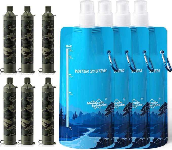 Membrane Solutions Squeezable Water Filtration System, Survival Water Purifier Kit, Portable Backpacking Gear Including Water Filter Straw and 23oz Collapsible Bottle for Hiking Camping Travel(6+4)