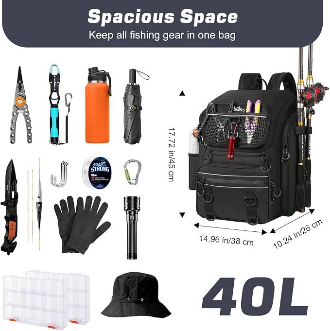 MoKo Fishing Backpack Bag, Large 40L Tackle Backpack with Rod Holders & Bait Binder Storage Fishing Gear and Equipment for Hiking Camping, Gifts for Men Father, Black