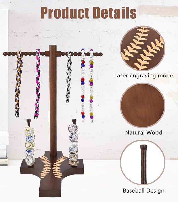 Wooden Jewelry Towers Baseball or Softball Drip Necklace Organizer Holder, Championship Ring Display Holder, Baseball or Softball Ring Display Holder Display, Gifts for Kids or Friends