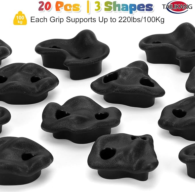 Rock Climbing Holds, 20 Pack Large Climbing Wall Grips, Indoor Outdoor Climbing Accessories with Hardware for Climbing Frames, Tree Houses, Playroom and Adult Obstacle Courses, Black 3-Shapes