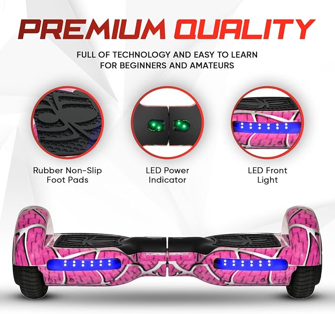 Spider-Pattern Hover Board for Kids Ages 6-12, with Bluetooth Speaker and LED Lights 6.5" Hover Board, UL2272 Safety Certified (Pink)