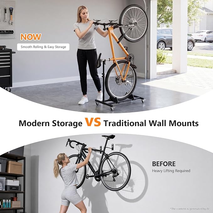 Vertical Bike Stand, (2 Pack) Space Saving Indoor Bicycle Storage Rack with Wheels for Garage & Apartment, Freestanding adjustable Holder Fits Most Road, Mountain & Hybrid Bikes up to 29"