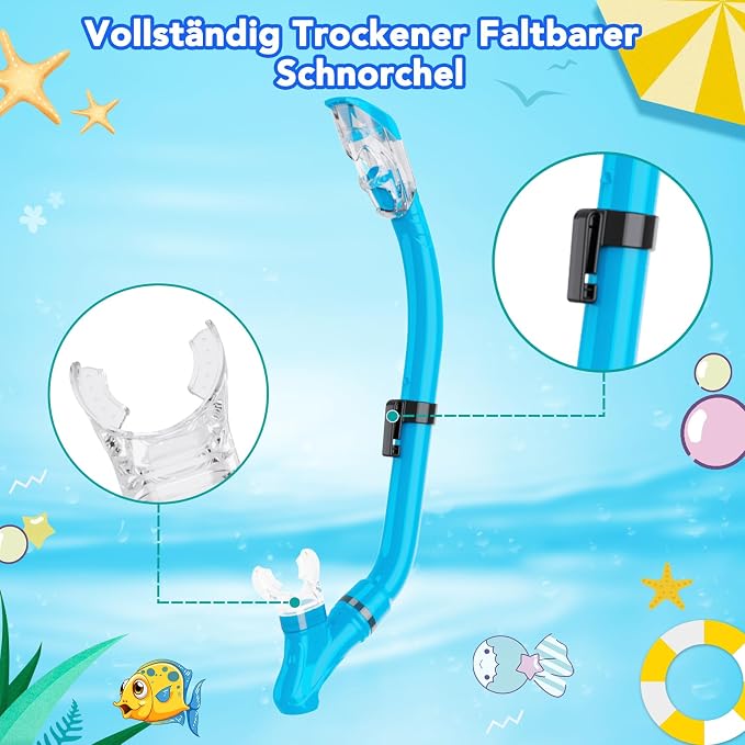 Snorkeling Gear for Kids with Foldable Silicone Full Dry Snorkel, Kids Snorkel Set Anti Leak Youth Junior Snorkeling Package Diving Mask Soft Tube with Mesh Bag Scuba Swimming Goggles
