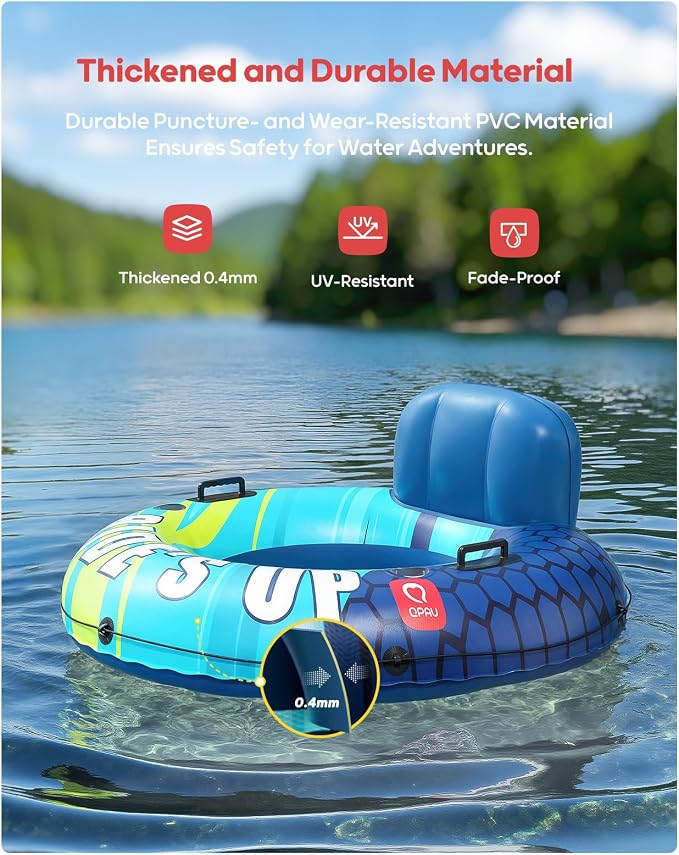 QPAU Inflatable River Tube, 0.4 mm Thickened Puncture-Resistant Heavy Duty River Float, River Raft with Ergonomic Backrest, Mesh Bottom & 2 Cup Holders for Family Friends Lake Float