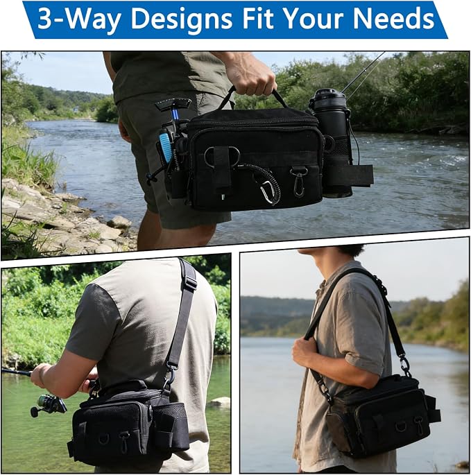 Fishing Tackle Bags with Tackle Box,Waterproof,Padded Shoulder Strap,Gear Storage,Fish Bag with 136 Pcs Fishing Lures Kit,Fish Hook Remover Tool,Fish Lip Gripper,Fishing Plier,Gifts for Men (Black)