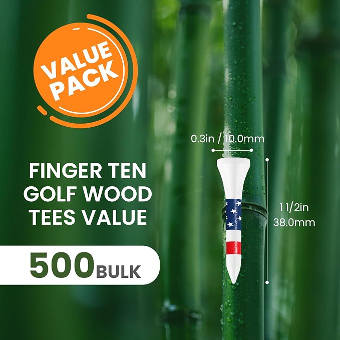 FINGER TEN Bamboo Golf Tees Wood 1 1/2 2 3/4 3 1/4 Inch Wooden Short Long Tee Color Bulk 250/500/1000/2000 Count for Men Women Kids in Red Pink USA Flag