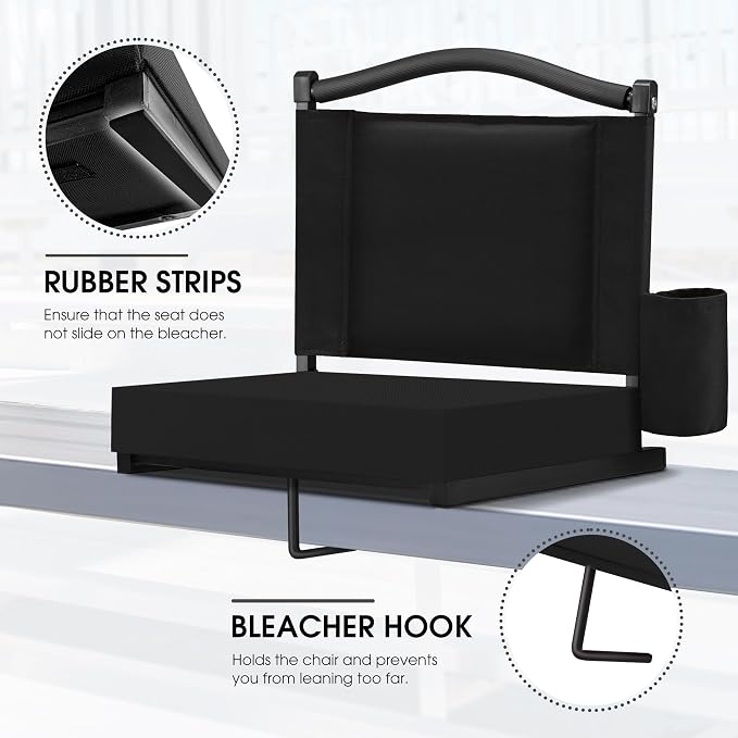 Fragess Bleacher seat, Stadium Seats with Back Support and Thick Cushion, Bleacher Chairs with Shoulder Strap and Side Pocket, Stadium Seat for Bleachers, Perfect for Sports Events(Black)