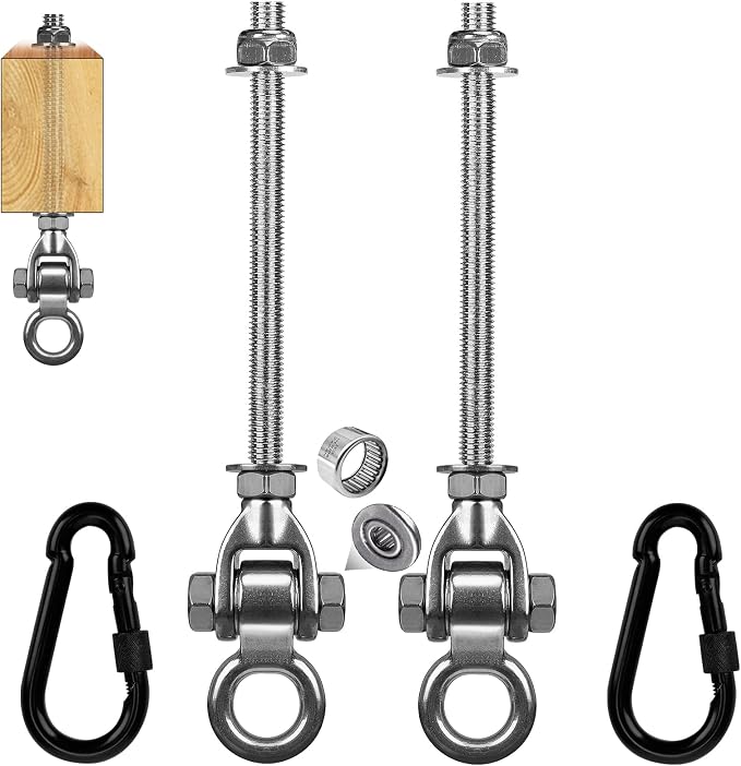 2-Pack Stainless Steel Swing Hangers Kit with 1500 LBS Load Capacity, Silent 180° Swing Heavy Duty Hanging Hardware with Carabiners for Porch Swing, Hammock, Sandbag, Indoor Outdoor Use