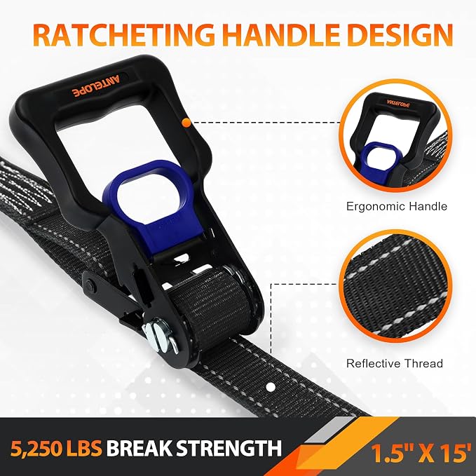 Ratchet Tie Down Straps Set, 5250 LBS Breaking Strength, 4 Pack 1.5" x 15' Heavy Duty Ratchet Straps, Cargo Strap, Motorcycle Straps for Trucks, Bicycle, Kayak, Moving, Tie Downs with S Hooks, Black