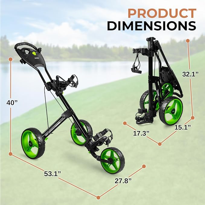 Jovial Foldable 3 Wheel Junior Golf Push Cart, Lightweight Aluminum Pull Cart with Scorecard Holder, Adjustable Handle, Quick Brake System, Compact Folding Golf Trolley with Strap, Easy Storage