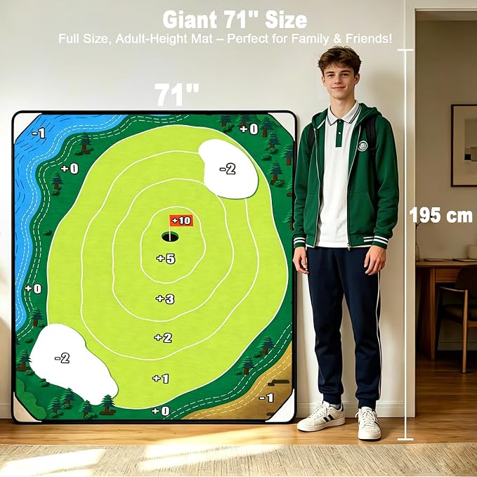 HOTWIND Golf Chipping Game Mat 71" x 71" 2-Sided Hook & Loop Sticky Golf Practice Pad with Stand Portable Indoor Outdoor Backyard Camping Golf Game Accessories for Family Adults (Club Not Included)