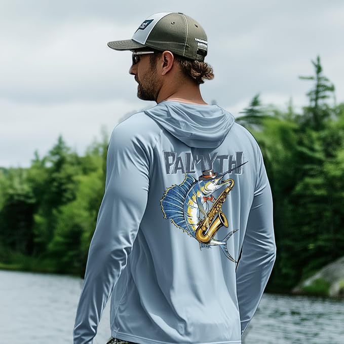 Palmyth Fishing Hoodie for Men Long Sleeve Sun Protection UV UPF 50+ Shirts | Hidden Zipper Pocket, Thumb Loops, Quick-Dry, Side Mesh Panels, Lens Cleaning Cloth, 4-Way Stretch
