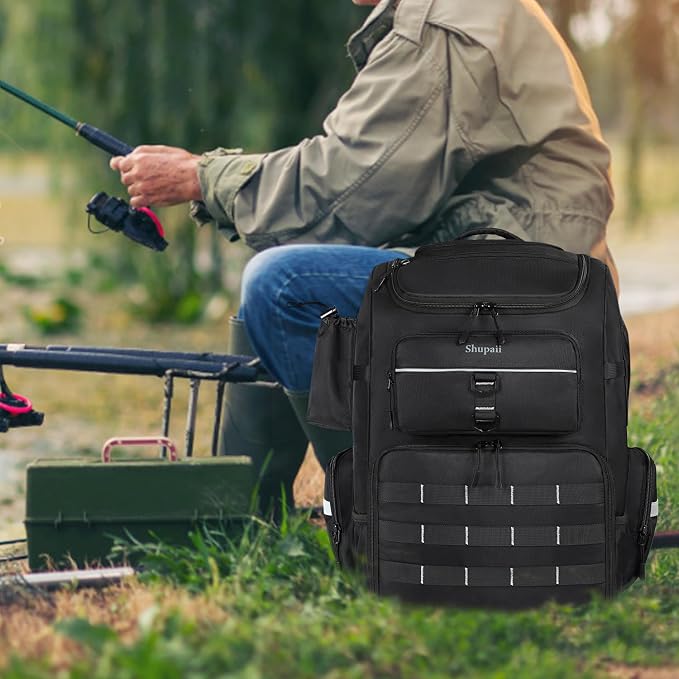 Large Fishing Backpack, Waterproof fishing bag with Rod Holders, 45L Tackle Box Backpack, Fishing Gear Gifts for Men, Tackle Boxes No Including