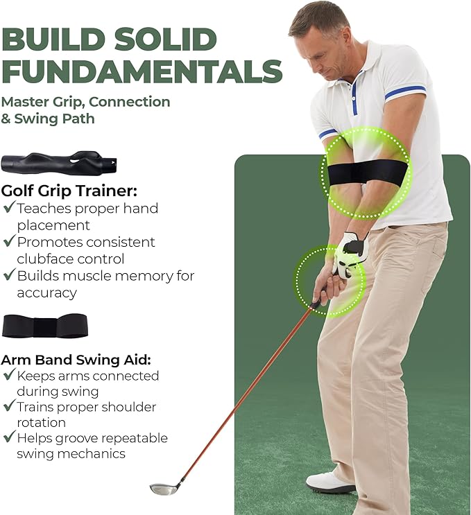 6-in-1 Golf Swing Trainer with Divot Board, Golf Grip Trainer, Alignment Sticks and Training Aid | Golf Accessories for Men & Women | Hitting Mat Practice Indoor & Outdoor