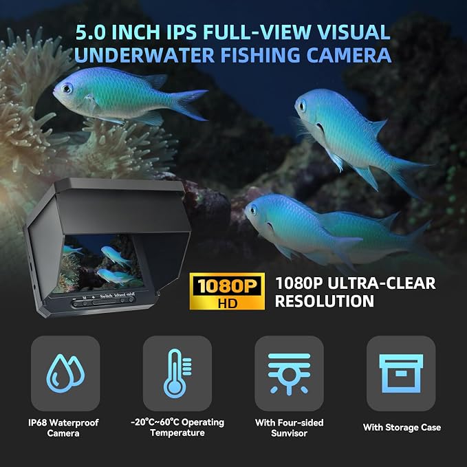 Underwater Fishing Camera Upgraded 5" Camera for Fishing with Infrared Night Vision,1080P HD Monitor,100ft Cable,Ice Fishing Accessory with Carrying Case for Ice,River,Lake,Boat,Kayak,Fishing Farming
