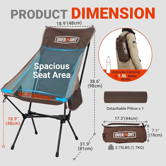Overmont Oversized Camping Chair for Adults - 400lbs Support Heavy-Duty Padded Seat Outdoor Portable Folding Chair with Cooling Bag Cup Holder Carry Bag Comfortable for Sport Garden Beach Fishing Lawn