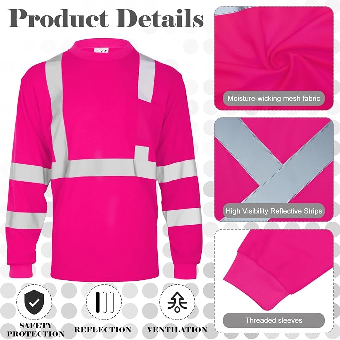 Amylove 4 Pcs Women Long Sleeve Safety Shirt High Visibility Shirts Reflective Construction Work Shirts for Women(S,Rose Red)